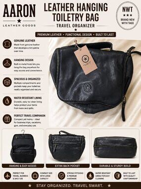 NWT Aaron Leather Goods Leather Hanging Toiletry Bag Travel Organizer Dopp Kit